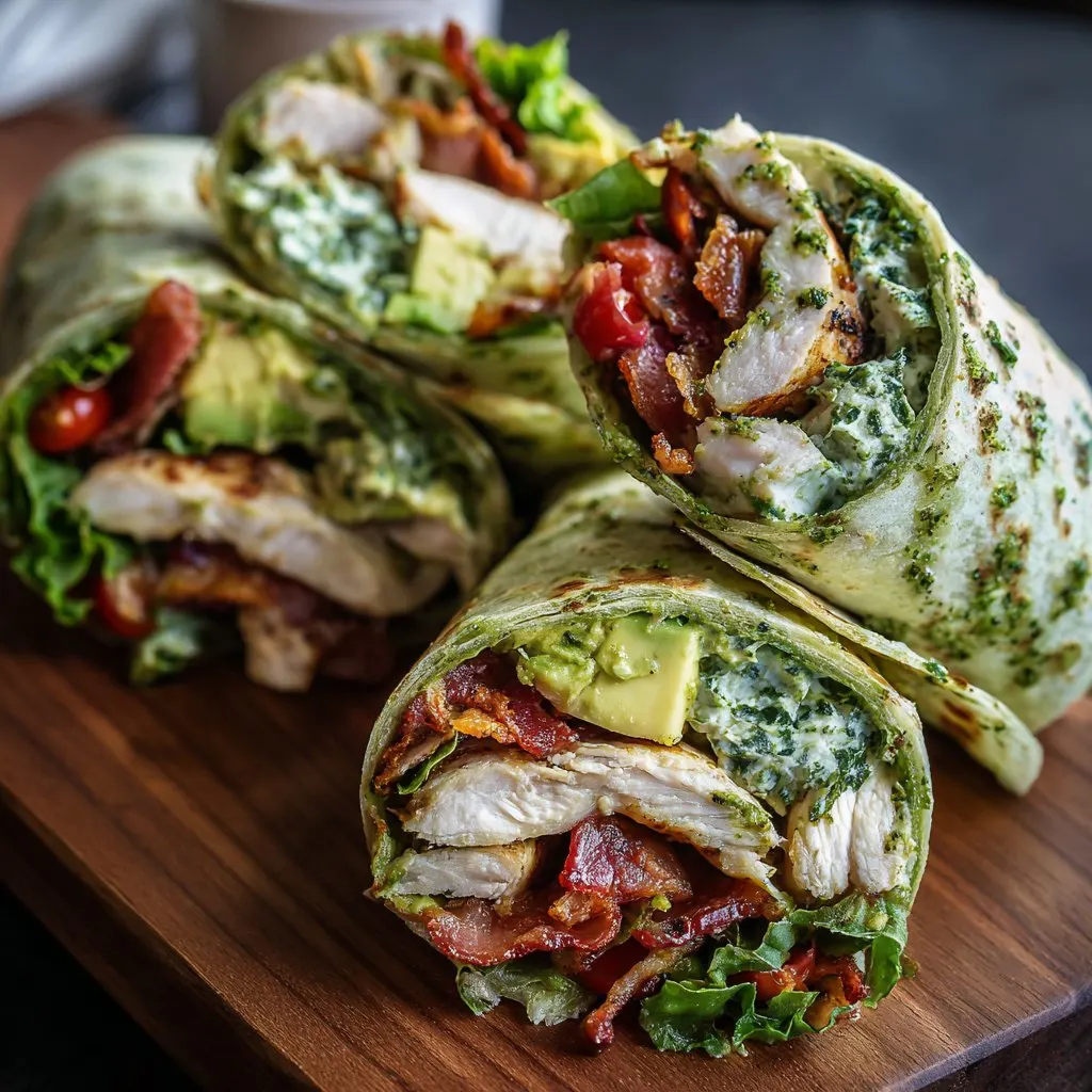 Pesto Chicken and Avocado Bacon Salad Wraps