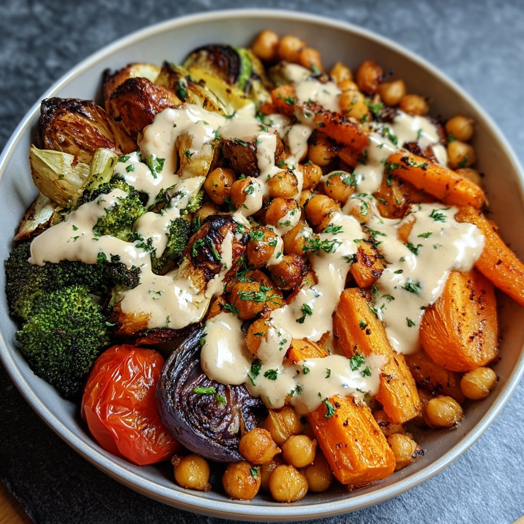 Roasted Vegetable & Chickpea Bowl with Tahini Dressing