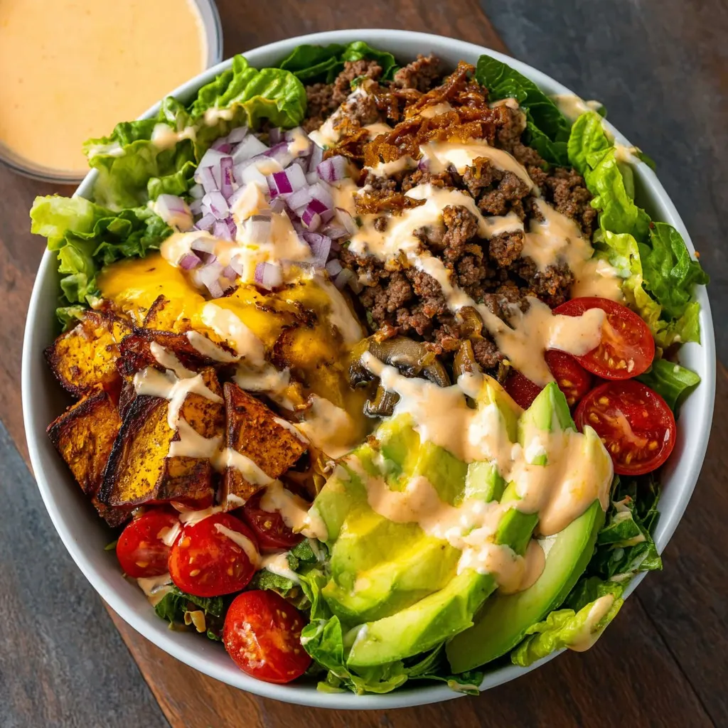 Fully Loaded Burger Bowl with Homemade Sauce