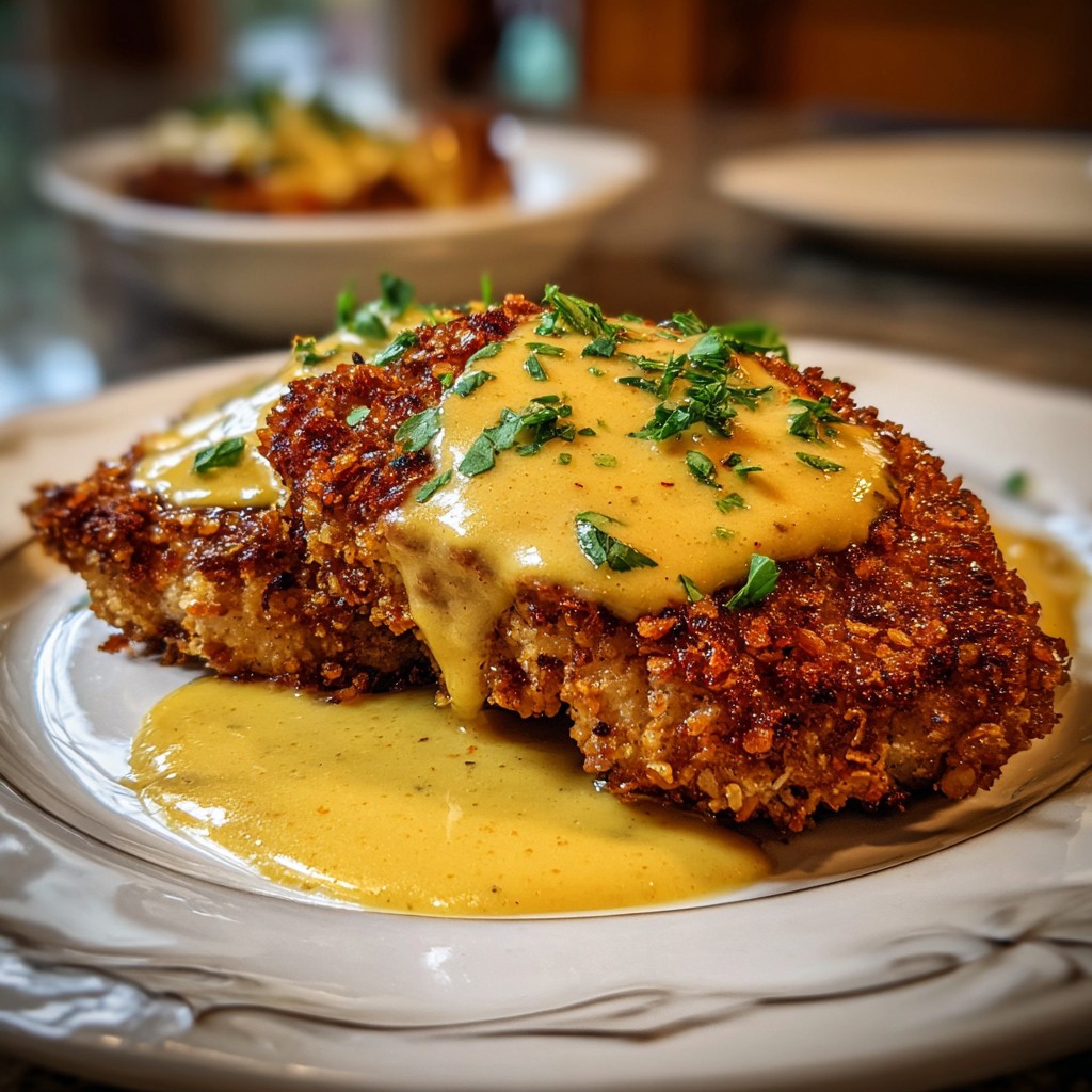 Pretzel Chicken with Mustard-Cheddar Sauce