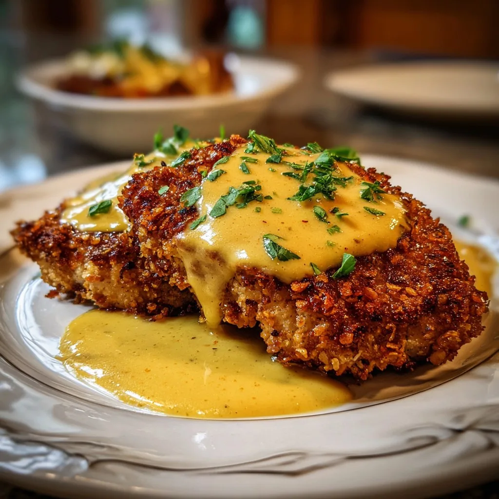 Pretzel Chicken with Mustard-Cheddar Sauce