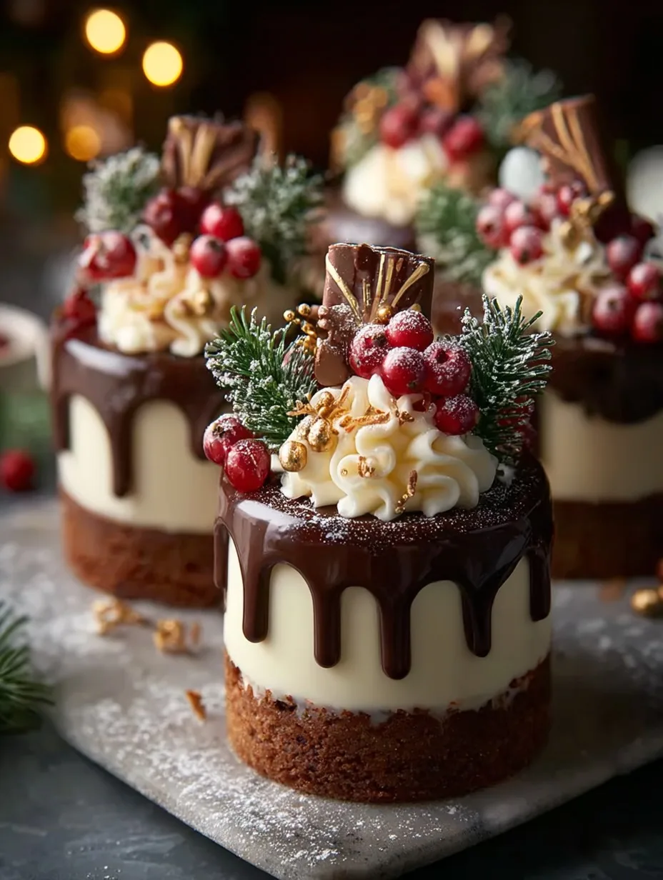 Mini Christmas Drip Cakes with Chocolate Ganache & Festive Toppings