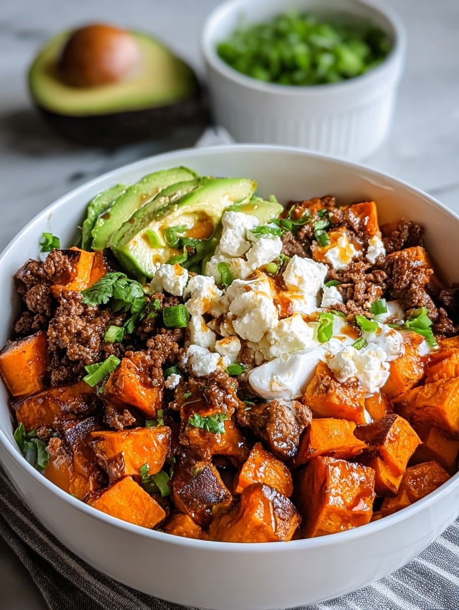 Sweet Potato Beef Bowl with Hot Honey and Cottage Cheese