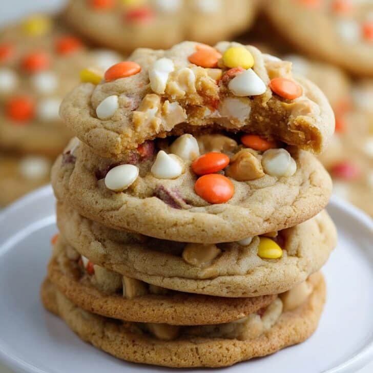 White Chocolate Reese’s Pieces Peanut Butter Chip Cookies